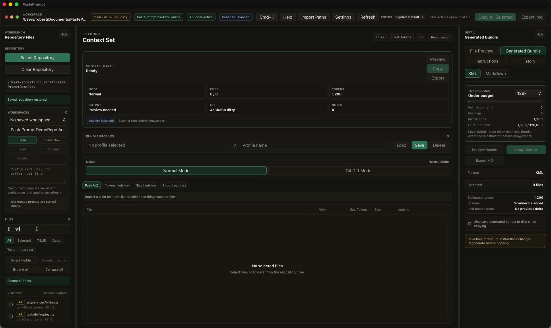 PastePrompt macOS app showing a local repository tree, selected files, token counts, and context controls.