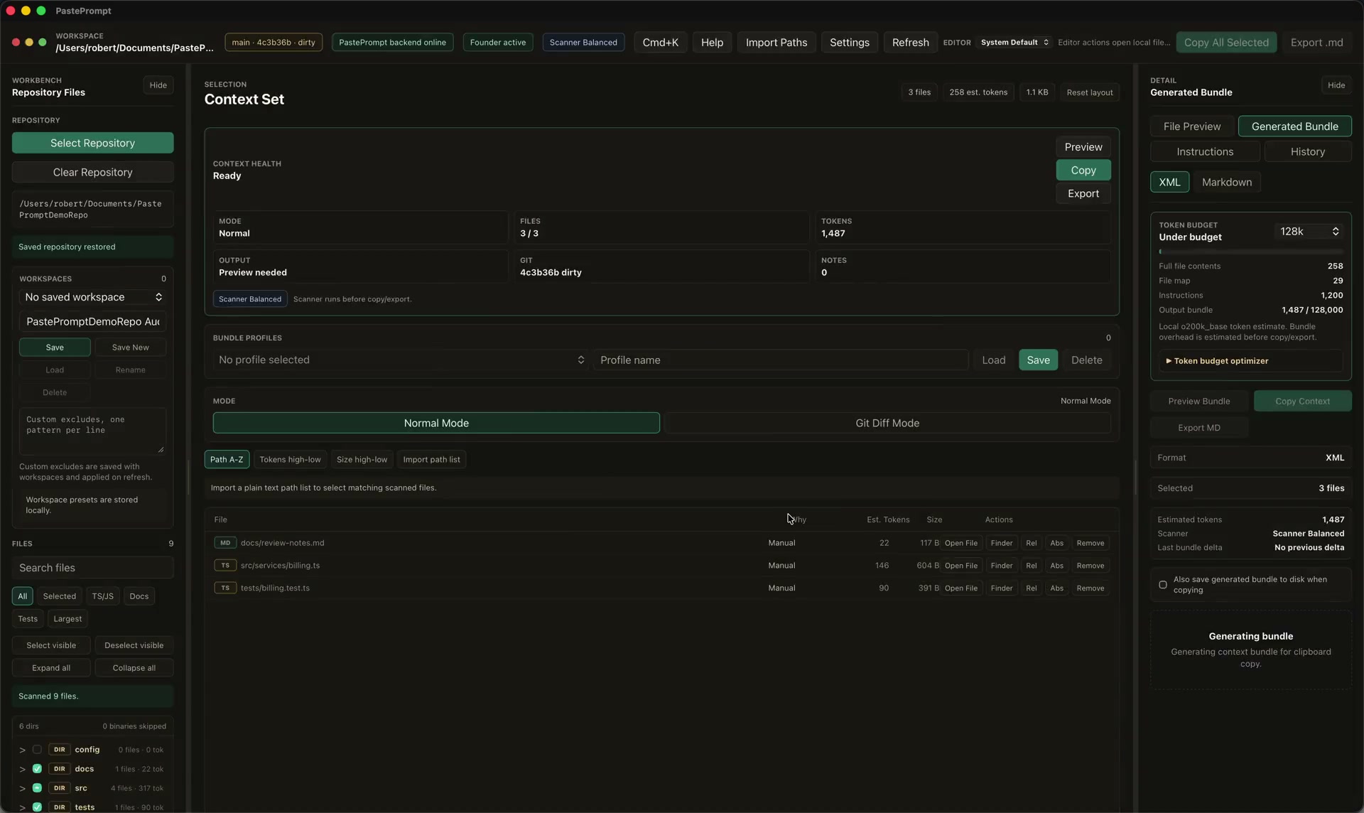 PastePrompt showing the local secret scanner warning flow before copy or export.